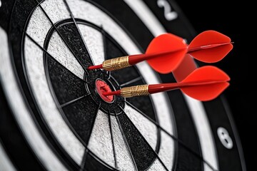Close-up view of three red darts hitting the bullseye on a black and white dartboard symbolizing precision and focus