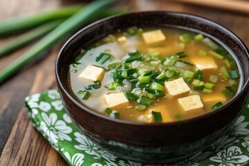 Warm bowl of miso soup with tofu cubes and chopped green onions on a patterned napkin, cozy and comforting