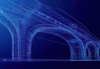 Digital wireframe model of a large arched bridge with detailed structural elements and a dark blue gradient background conveying a futuristic and technical atmosphere