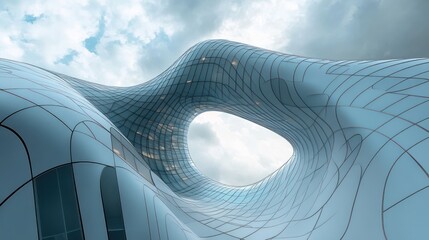 Sweeping curving glass building with a large oval opening, smooth tiled facade and reflective panels beneath a dramatic cloudy sky, evoking awe and serenity