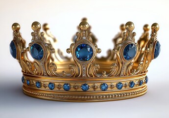 ornate gold crown studded with large deep blue gemstones, intricate filigree and beaded band conveying regal luxurious majesty