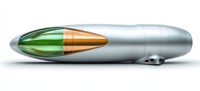 sleek silver aerodynamic transport pod with elongated green glass cockpit and bronze canopy, streamlined single-seat concept evoking futuristic calm and precision
