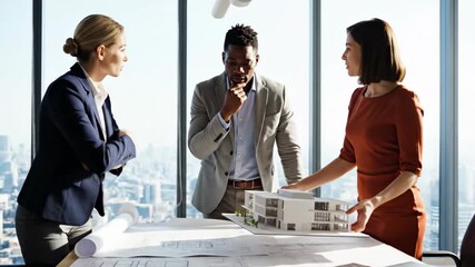 Diverse architectural team reviewing blueprints and building model in high rise office.