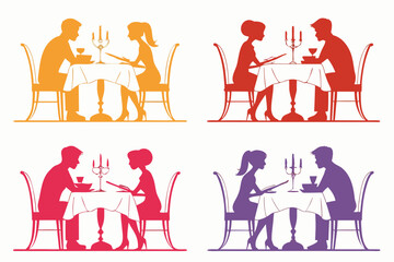 set of Candle light dinner couple silhouette vector illustration isolated on white background