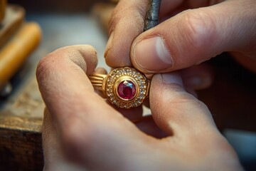 Close-up of hands carefully working on a gold ring with a central red gemstone and surrounding small diamonds, focused meticulous craftsmanship