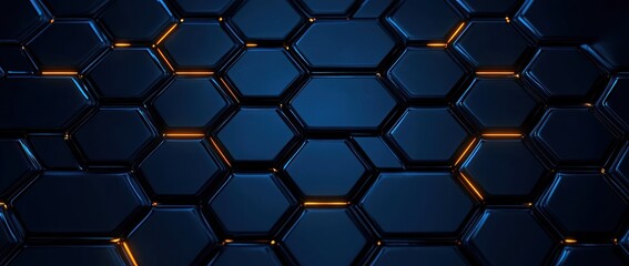 Dark blue hexagonal grid with glowing orange light accents creating a futuristic and high-tech pattern