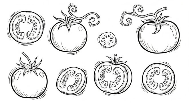 Artistic Tomato Doodle Sketch Symbol Set with Hand Drawn Outline Vector Icons