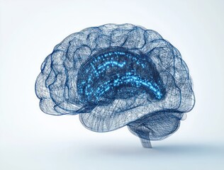 Digital wireframe model of a human brain highlighting neural connections with glowing blue nodes and lines representing brain activity in a futuristic style