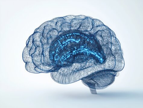 Digital wireframe model of a human brain highlighting neural connections with glowing blue nodes and lines representing brain activity in a futuristic style - Powered by Adobe