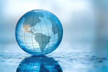 Transparent blue globe depicting world map resting on reflective surface with soft gradient blue and white background creating a calm and serene atmosphere
