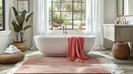 Modern Bathroom Interior with Freestanding Bathtub by Large Window, Natural Light, and Greenery, Offering a Spa-like Home Escape