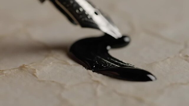Elegant fountain pen tip depositing dark ink onto textured antique parchment, a timeless act of writing and artistic expression.