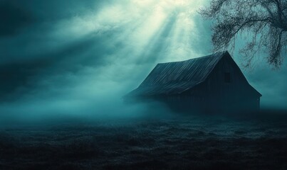 Old wooden barn standing alone in a misty field under dramatic moody sky with sun rays breaking through clouds and silhouetted tree branches