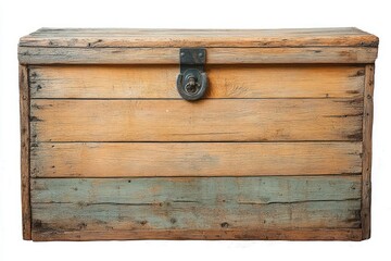 Old wooden chest with weathered paint and metal latch on white background