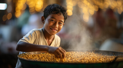 Young boy participating in Htamane Making Competition at Shwedagon Pagoda, Myanmar, surrounded by traditional festive atmosphere