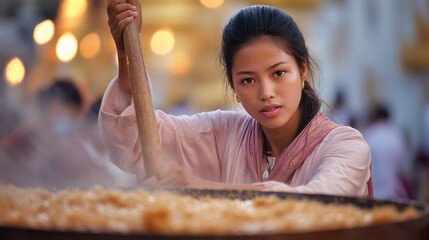 Woman stirring Htamane during traditional making competition at Shwedagon Pagoda in Myanmar