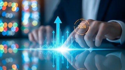Executive analyzing a futuristic financial growth chart (HUD) with upward arrows and bar graphs, symbolizing business planning, investment success, and positive strategy implementation for 2026.