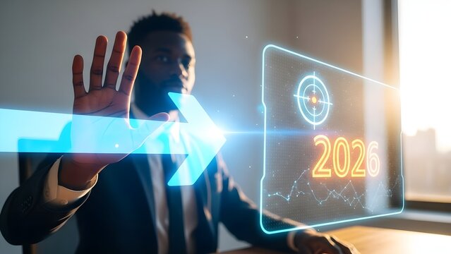 A businessman interacts with a futuristic holographic display showing financial analysis, a target goal, and the year 2026, symbolizing ambitious business planning, strategy, and forward momentum tow - Powered by Adobe
