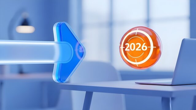 A 3D rendering symbolizing achieving business goals for 2026. A blue arrow points to an orange sphere target with the year 2026, representing future planning, success, strategy, and financial analysi