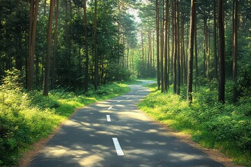 Winding paved pathway through sunlit dense forest with tall trees and lush green undergrowth