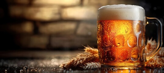 frosted glass mug of amber beer with thick frothy head and barley stalks on a wet wooden surface, warm glowing brick background, cozy inviting and refreshing mood