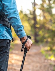 トレッキングポールを握り、春の森を歩く手元だけを切り取ったハイキングシーン。
顔を写さない構成により、年齢や性別を限定しない汎用的な表現。
柔らかな朝の自然光と新緑のボケが、爽やかで前向きな印象を演出。
アウトドア、健康促進、春の広告やウェルネス用途に最適な素材です。