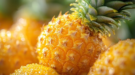 Close-up of Fresh Tropical Pineapple with Water Droplets on Vibrant Yellow Skin and Green Crown