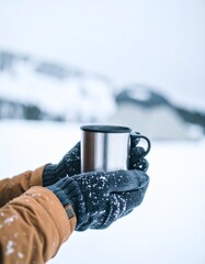 冬のキャンプ場で、湯気の立つステンレスカップを手袋越しに持つ手元を捉えたシーン。
顔を写さない構成により、年齢や人物像を限定しない汎用性の高い素材。
雪景色をぼかした背景と冷たい自然光が、静かで上質な冬の空気感を演出。
アウトドア、ラグジュアリー、冬季キャンペーン広告に最適です。