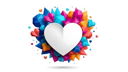 Colorful heart shaped confetti and paper burst with white heart isolated on white background for valentines day
