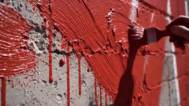 Crimson paint streaks flow down a textured concrete wall as an artist applies color with a brush, showcasing a vibrant and raw artistic process.