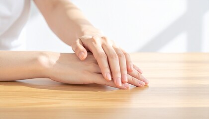 テーブルの上に自然に休めた手元だけを写した、非常にミニマルな背景素材です。
物や文字、個人を特定できる要素は一切含まれていません。
広い余白を確保しており、広告コピーやデザイン配置に最適です。
ビジネス、ウェルネス、ライフスタイル、Web広告用途に幅広く使用できます