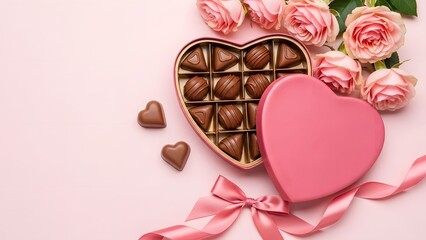 A heart shaped box of chocolates with pink roses on a soft pink background for valentines day gift ideas and romantic sweet treats
