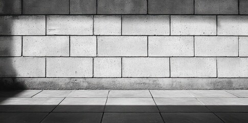 sunlit concrete block wall and tiled sidewalk with strong horizontal shadow bands, minimalist empty urban scene evoking calm solitude