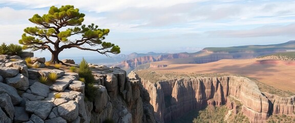 A lone pine tree thrives on a rocky cliff, facing the wind with resilience Its form suggests endurance and a connection to the wild,  silhouette,  rock