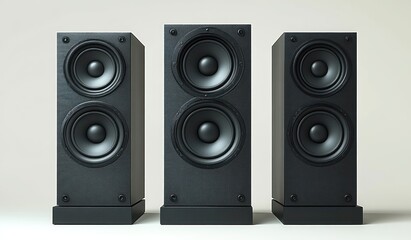 Fototapeta premium Three black tower speakers with twin driver cones on bases against a neutral backdrop, sleek and powerful, conveying precision and minimalist calm