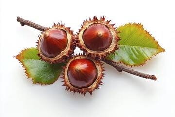 three glossy brown chestnuts nestled in spiky burrs on a twig with green leaves on a clean white background, autumnal rustic still life
