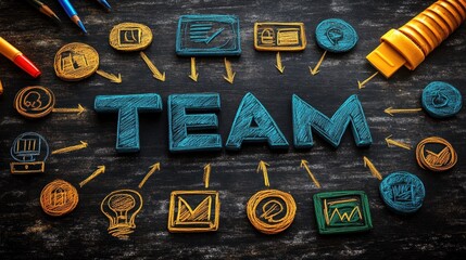 large blue chalk word team surrounded by orange and blue chalk icons and arrows on a blackboard with colored pencils and an eraser, conveying energetic collaboration and creative teamwork
