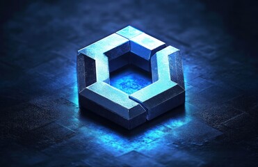 metallic hexagonal segmented ring glowing with blue light on a dark textured surface, futuristic and mysterious atmosphere