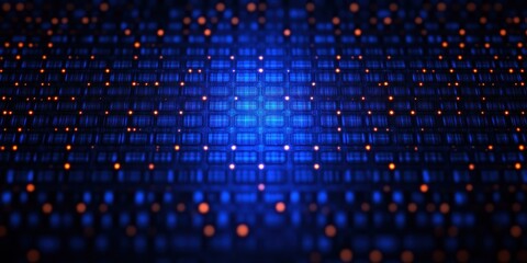 Glowing blue rectangular tile grid with scattered orange light dots and a central bright glow, evoking a futuristic precise and mesmerizing atmosphere