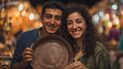 Couple enjoying International Fajr Handicrafts in Iran, holding a traditional handicraft plate together at a vibrant market