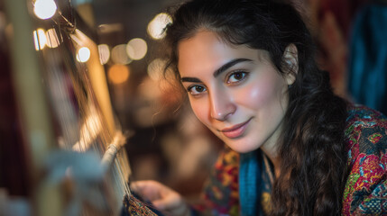 A young woman showcasing handicrafts at the International Fajr Handicrafts exhibition in Iran