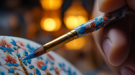 Artisan's skilled hand delicately painting traditional designs at International Fajr Handicrafts exhibition in Iran