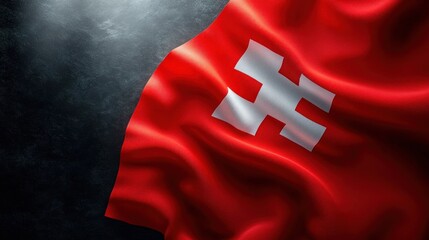 Waving red flag with a white double-bar cross emblem draped over a dark textured surface, dramatic lighting and silk folds conveying pride and solemn mood