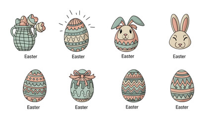 A charming collection of festive Easter illustrations featuring decorated eggs and a bunny, perfect for holiday celebrations and springtime themes