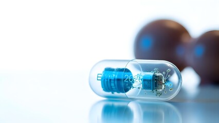 A futuristic smart pill capsule displaying "EXP 2026" and internal micro-technology, symbolizing innovation in drug delivery and diagnostics. This represents a key healthcare trend 2026 and future me