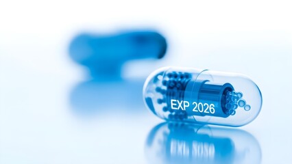 A transparent blue capsule displaying "EXP 2026," representing cutting-edge pharmaceutical technology, drug delivery innovation, and the trajectory of the healthcare trend 2026.