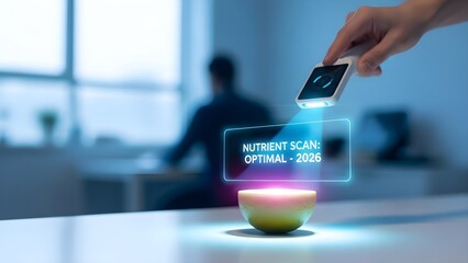 Futuristic nutrient scanner analyzes a piece of fruit, displaying "Optimal - 2026." This cutting-edge technology highlights the healthcare trend 2026 in personalized nutrition, dietary health, and im