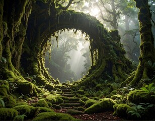Lush, mystical forest scene with a moss-covered archway