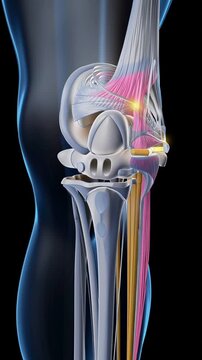 Side View of Human Knee Anatomy Highlighting Ligament Tear Detailed Illustration of Bone, Tendon, and Joint Structure, Emphasizing Complex Anatomy and Potential Injury Areas
