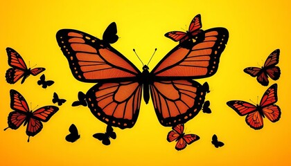 Intricate silhouettes of various butterfly species, wings spread against a solid background, delicate, moth